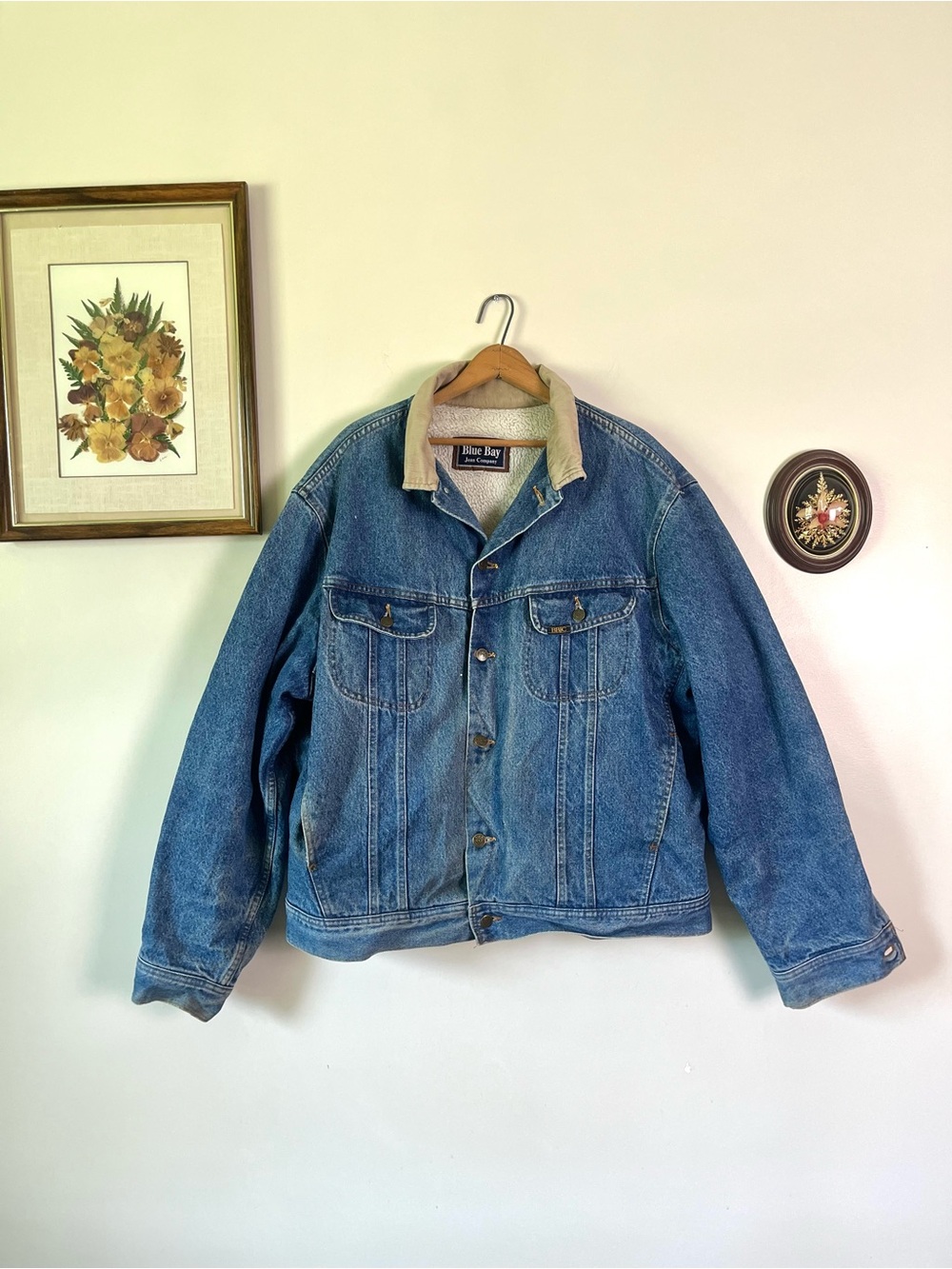 Vintage Blue Bay Jean Company Grunge Fleece Lined Bomber Jacket